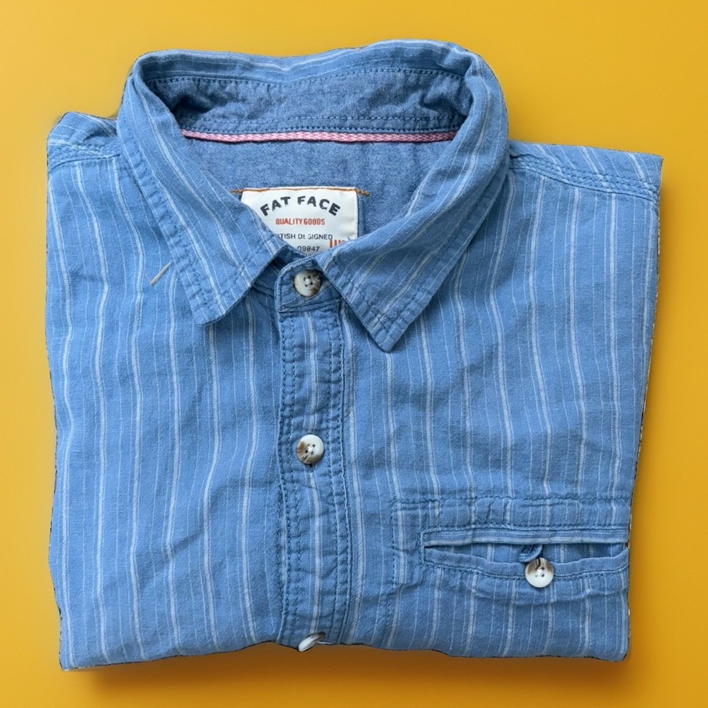 Fat Face Shirt Mens Large Blue Linen Plaid Casual Coastal Summer Holiday Top